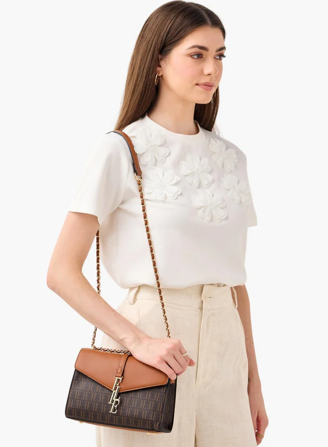 ELLE Monogram Print Crossbody Bag with Chain Strap