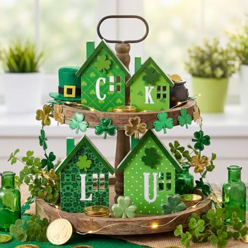Yousoontic 4 Pcs St. Patrick's Day Table Decorations Green Shamrock Wooden Centerpieces St Patricks Day Double-sided Luck Sign Reversible House Tiered Tray Decor Green Shamrocks Decor for Party Indoor - Image 2