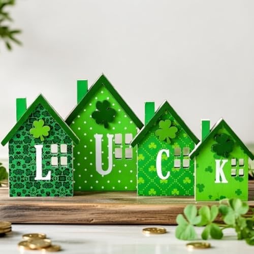 Yousoontic 4 Pcs St. Patrick's Day Table Decorations Green Shamrock Wooden Centerpieces St Patricks Day Double-sided Luck Sign Reversible House Tiered Tray Decor Green Shamrocks Decor for Party Indoor - Image 5