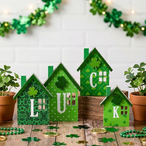 Yousoontic 4 Pcs St. Patrick's Day Table Decorations Green Shamrock Wooden Centerpieces St Patricks Day Double-sided Luck Sign Reversible House Tiered Tray Decor Green Shamrocks Decor for Party Indoor - Image 1