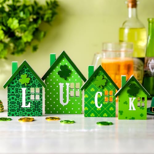 Yousoontic 4 Pcs St. Patrick's Day Table Decorations Green Shamrock Wooden Centerpieces St Patricks Day Double-sided Luck Sign Reversible House Tiered Tray Decor Green Shamrocks Decor for Party Indoor - Image 3