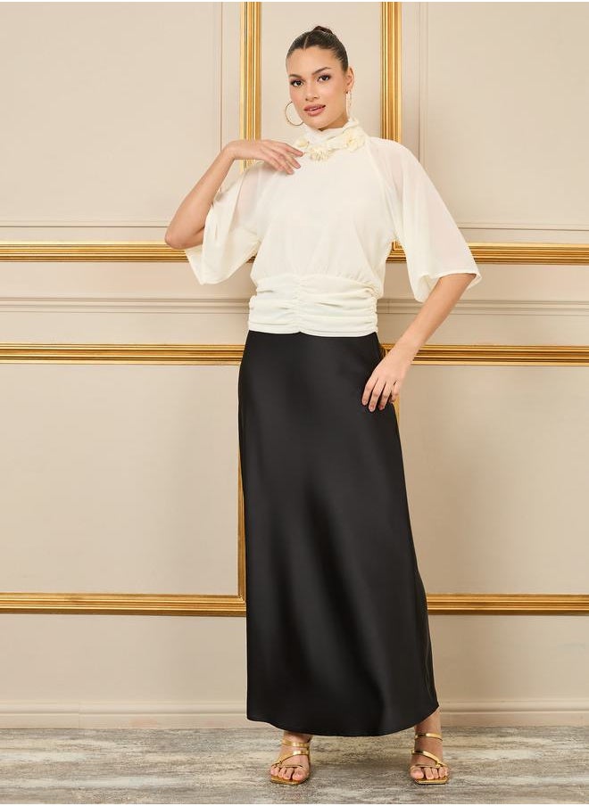 Styli - Floral Applique Gathered Detail Hem High Neck Blouse - Image 1