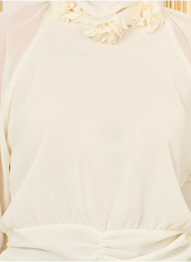 Styli - Floral Applique Gathered Detail Hem High Neck Blouse - Image 1