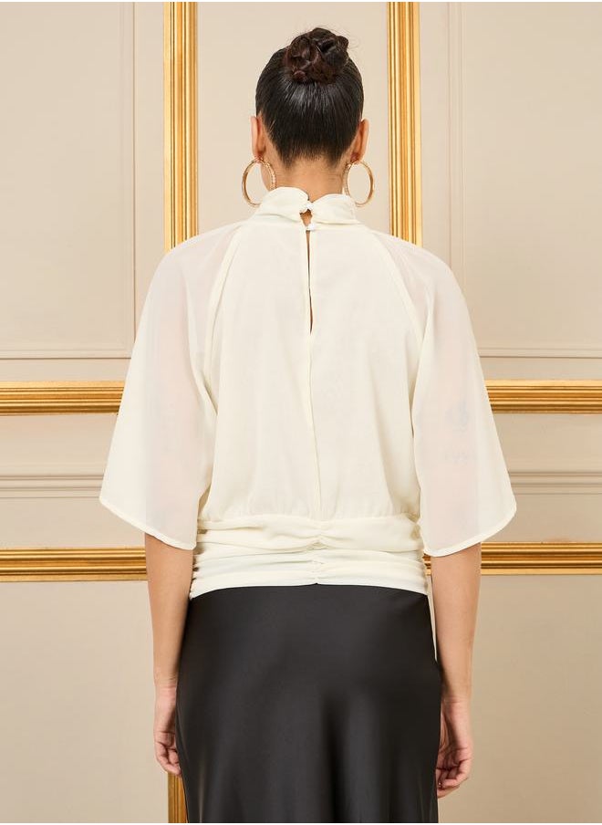 Styli - Floral Applique Gathered Detail Hem High Neck Blouse - Image 1