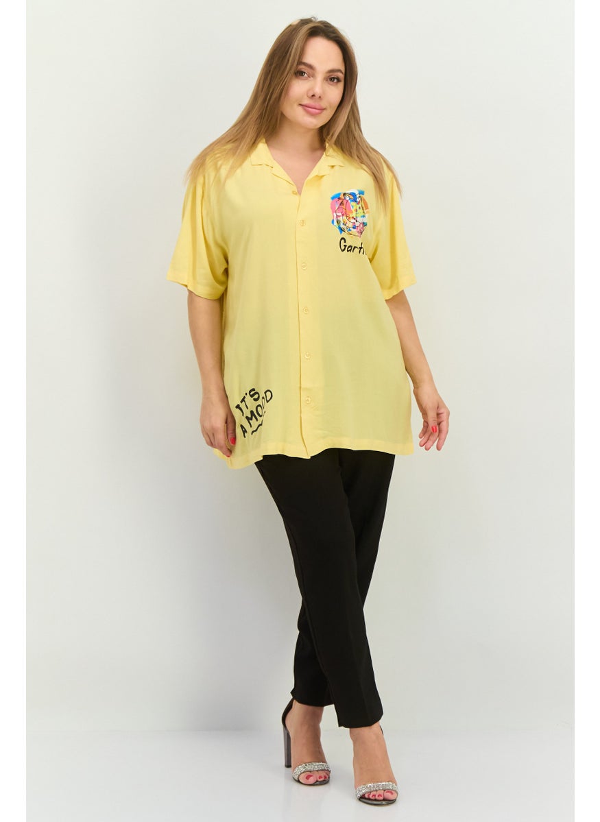 nickelodeon Women Notched Collar Short Sleeve Graphic Blouse,  Mustard Combo  - Image 2