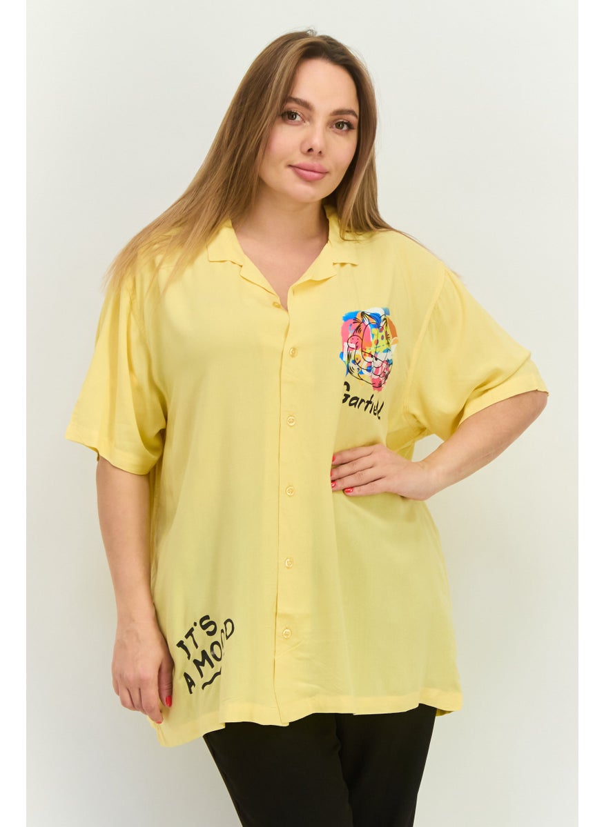 nickelodeon Women Notched Collar Short Sleeve Graphic Blouse,  Mustard Combo  - Image 1