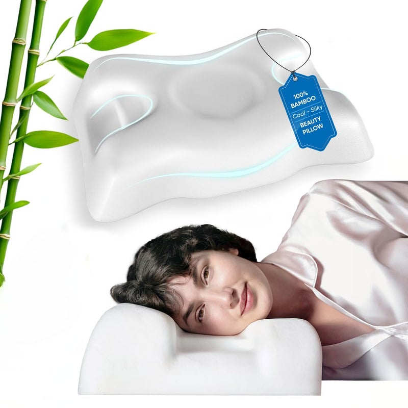 SLEEP SLEEK Flawless Face Beauty Pillow  AntiAging  AntiWrinkle Memory Foam Pillow  Cervical Neck Pillow for Neck and Shoulder Pain Relief Includes 100 Bamboo Pillowcase