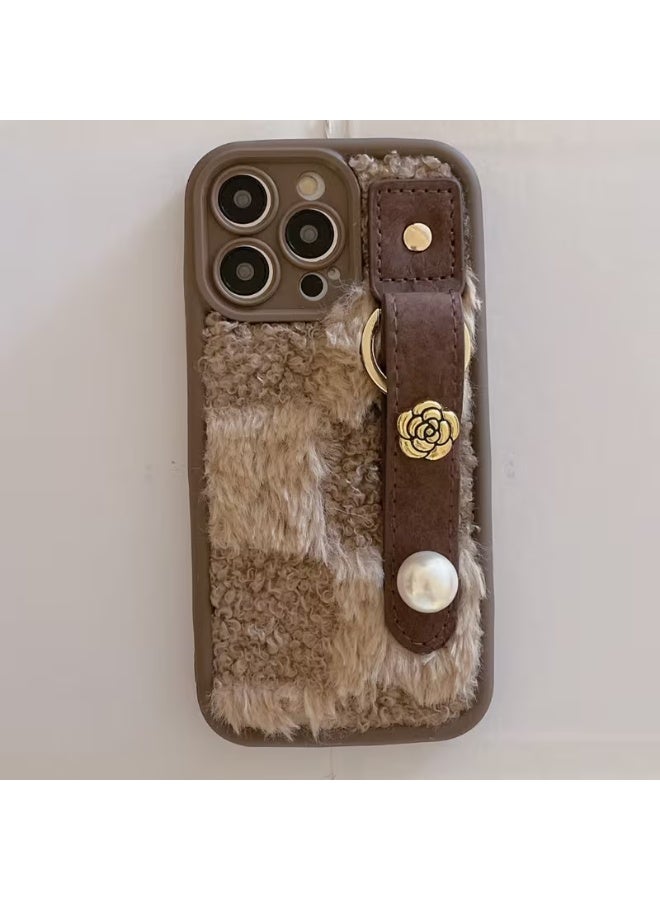 Temu A comprehensive drop-proof protective case with a simple and innovative design, featuring a wrist strap for easy phone carrying, adorned with brown fur stitching, and suitable for iPhone 14 Pro. - Image 1
