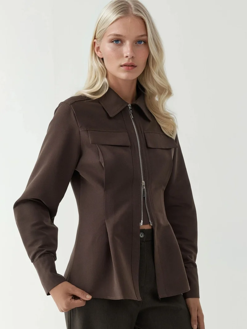 HICCUP Fitted Long Sleeve Shirt with Zipper Detail