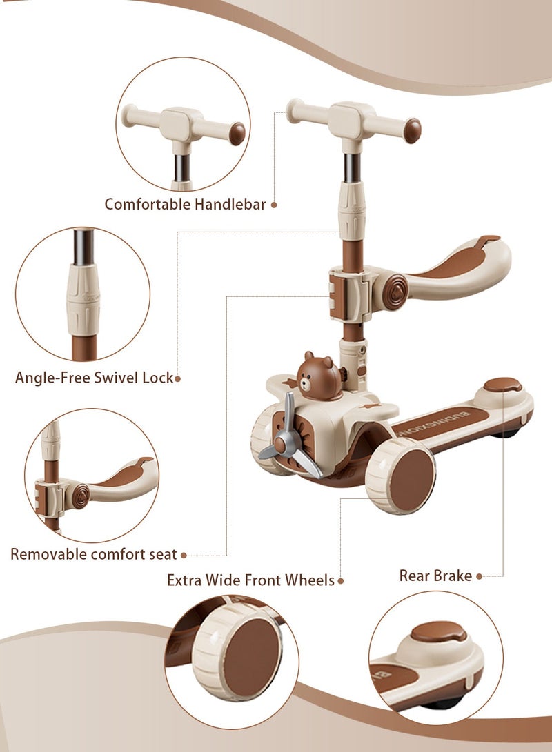 MaBaby سكوتر أطفال 3 في 1 قابل للطي وقابل للتعديل، مع توجيه جاذبية وعجلات LED متلألئة، للأطفال من 1-6 سنوات (بني) - Image 5
