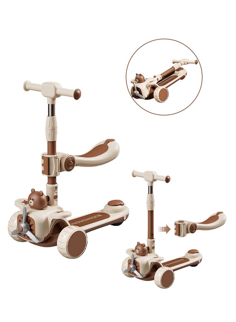 MaBaby سكوتر أطفال 3 في 1 قابل للطي وقابل للتعديل، مع توجيه جاذبية وعجلات LED متلألئة، للأطفال من 1-6 سنوات (بني) - Image 1