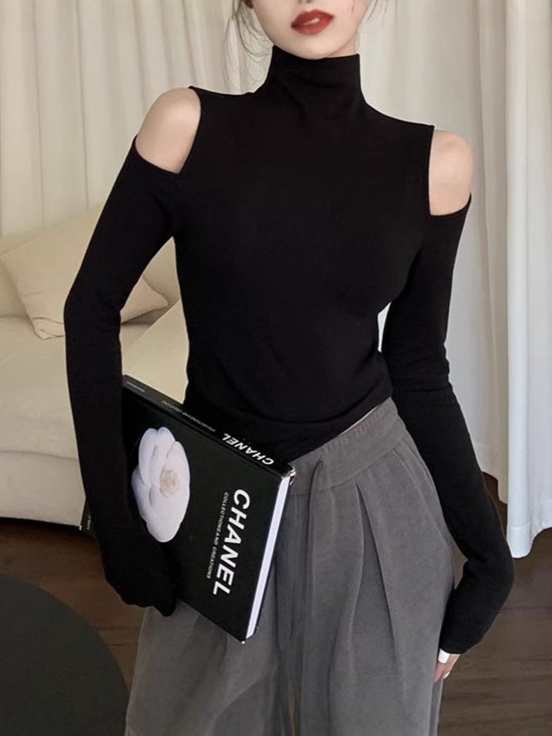 Spice Girls High Collar Shoulder Long-Sleeved T-Shirt Women'S Style Chic Hollow-Out Slim-Fit Slimming Fleece Base Shirt - Image 3