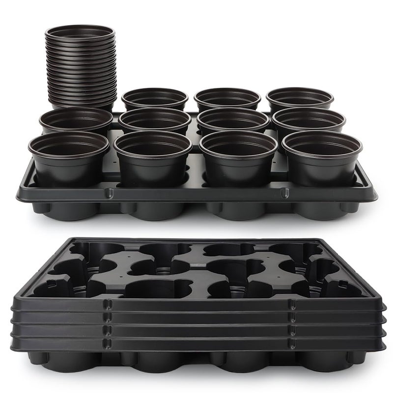 RooTrimmer 4 Inch Plastic Plant Pots 60 Pcs and 12 Cell Nursery Pots Trays 5 Pcs, Thick Sturdy Seeds Starting Germination Shuttle Carrying Trays, Black Small Planter Nursery Propagation 5 Sets - Image 1