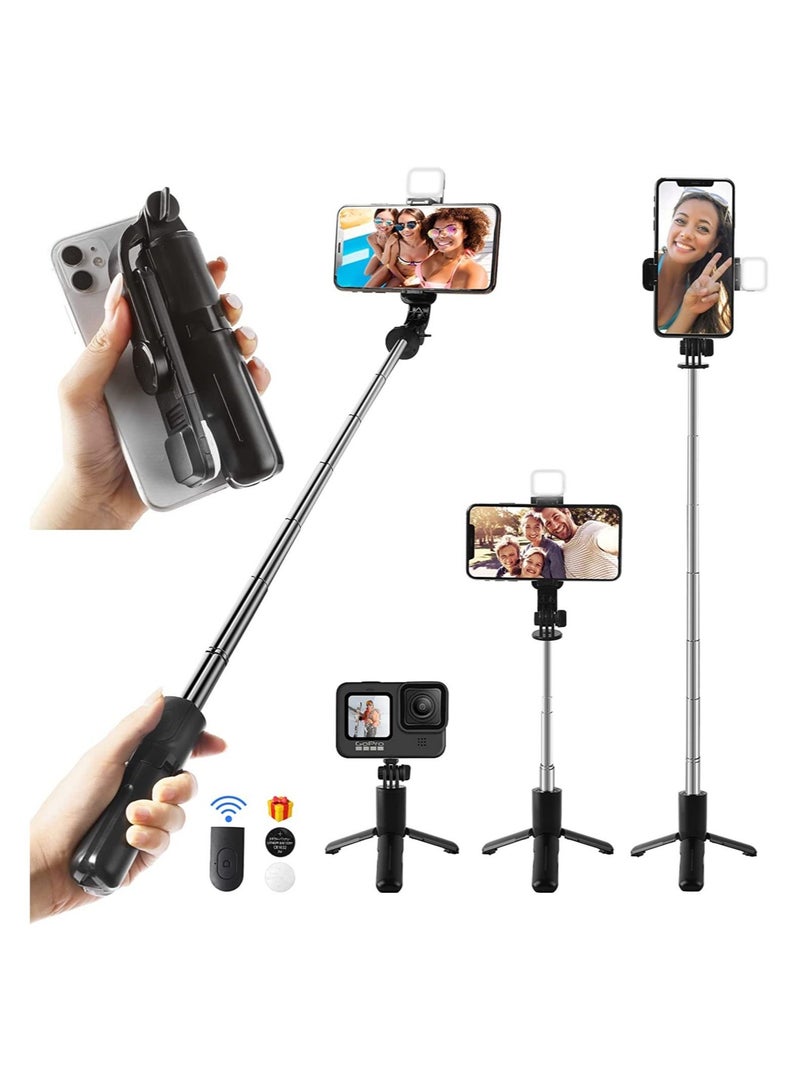 Mini Selfie Stick Tripod, Extendable 3 in 1 Selfie Stick Tripod with Remote, ​Phone Tripod with 3 Light Modes, 6 Brightness Levels, Selfie Stick for iPhone 12/11/11 - Image 1