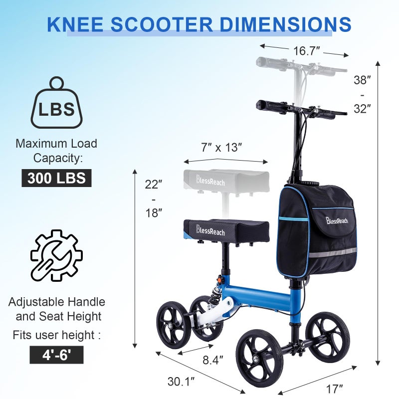 BlessReach Knee Scooter Steerable Knee Walker Deluxe Medical Scooter for Foot Injuries Adult Compact Crutches,Supports Up to 300 lbsï¼ˆBlueï¼‰ - Image 5