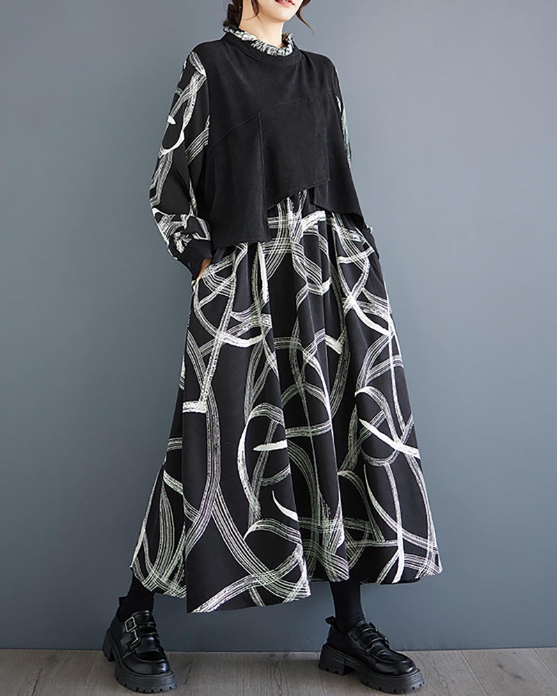ellazhu Women's Dress Long Sleeve High Neck Random Strings Patchwork Black and White Pockets Loose GZ306 - Image 2