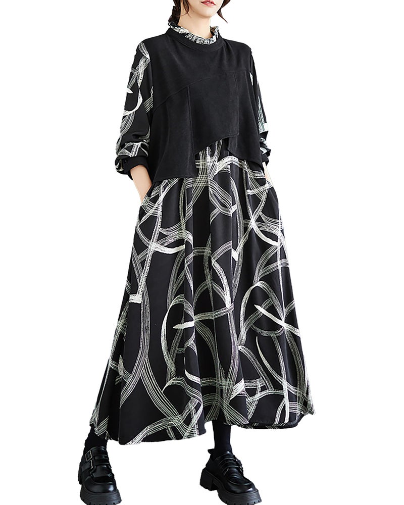 ellazhu Women's Dress Long Sleeve High Neck Random Strings Patchwork Black and White Pockets Loose GZ306 - Image 1