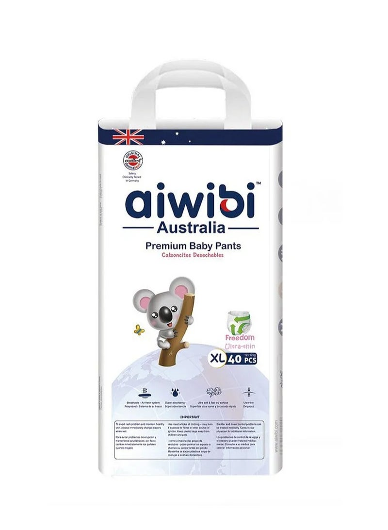 aiwibi حفاضات أطفال أيويبي بريميوم بنمط السروال، الحجم 5 (12-17 كجم) 40 قطعة - مرنة ناعمة، خالية من المواد الكيميائية، مانعة للتسرب، جفاف لمدة 12 ساعة