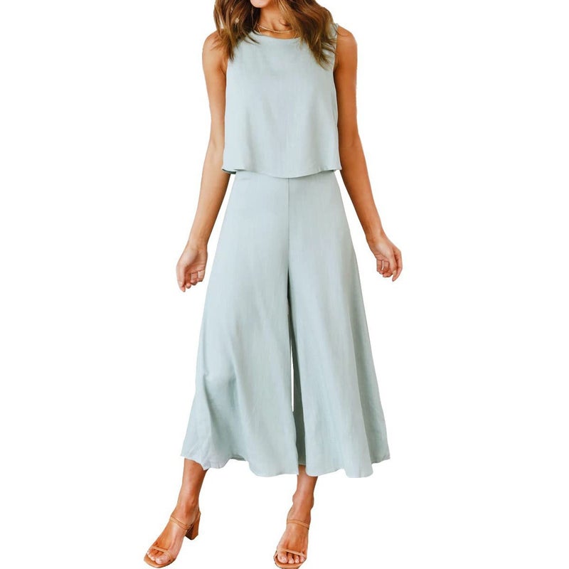 2023 European and American new TEMU womens summer 2-piece clothing round neck top short solid color wide leg pants set Gray Blue