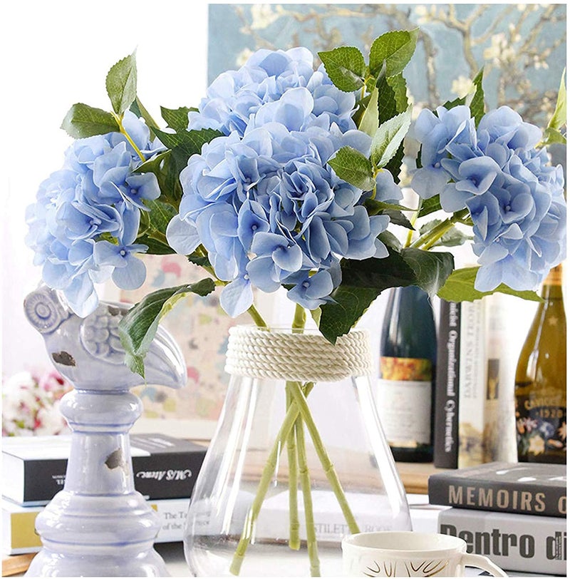 BS AMOR Fake Flowers Vintage Artificial Silk Hydrangea Flowers Bouquets Faux Hydrangea Stems 4 Pcs for Home Wedding Party Table Core Decoration (Blue, Pack of 4) - Image 1