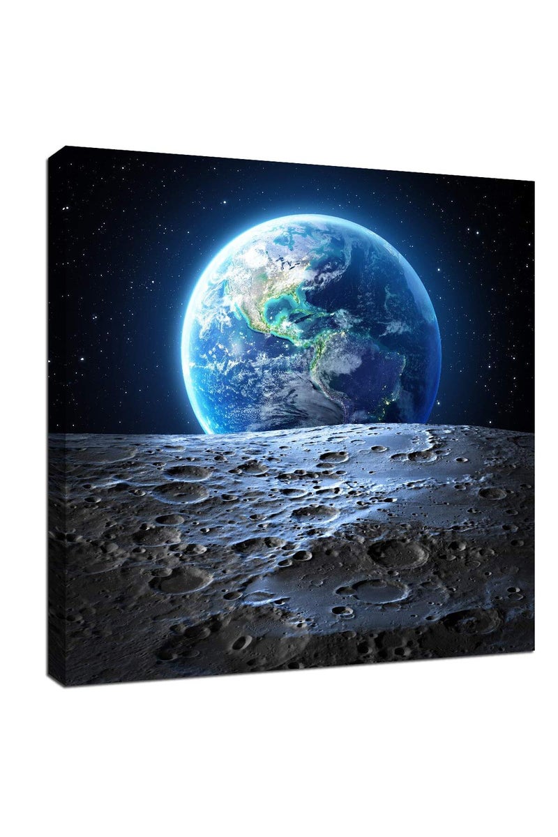 Earth Poster Canvas Wall Art - Earthrise from the Moon Outer Space Painting Home Office Universe Decor Framed Art Print Modern Pictures for Living Room Bedroom Decoration 12x12inch Ready to Hang - Image 1