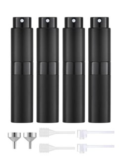 4-Piece 8ml Perfume Atomizer Refillable, Portable Empty Mini Spray Bottle for Perfume, Cologne, Liquid Sprayer, Rotating Design Use Aluminum Shell And Glass Liner, Includes Dispensing Tool, Black