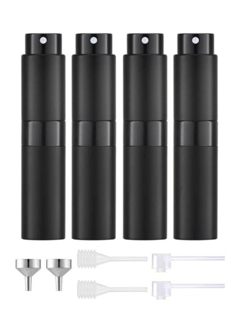 4-Piece 8ml Perfume Atomizer Refillable, Portable Empty Mini Spray Bottle for Perfume, Cologne, Liquid Sprayer, Rotating Design Use Aluminum Shell And Glass Liner, Includes Dispensing Tool, Black