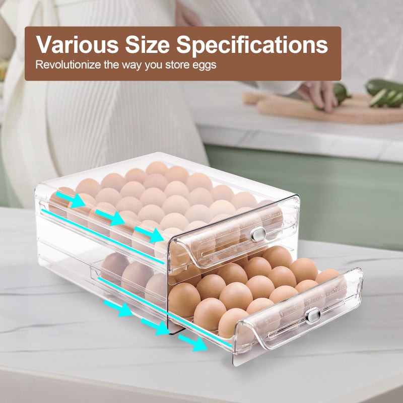 MFBJXC Egg Holder for Refrigerator,60 Eggs Clear Drawer Organizer,2 Layer Stackable Egg Holder Egg Trays,Egg Storage Container with Time Scale for Fridge Countertop Cabinet - Image 5