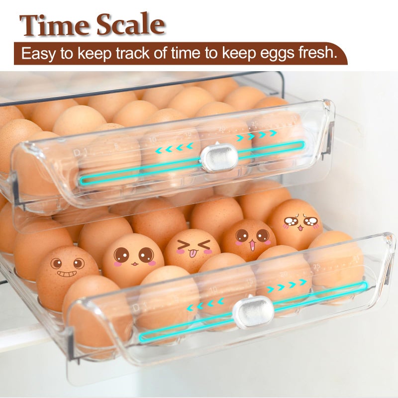 MFBJXC Egg Holder for Refrigerator,60 Eggs Clear Drawer Organizer,2 Layer Stackable Egg Holder Egg Trays,Egg Storage Container with Time Scale for Fridge Countertop Cabinet - Image 4