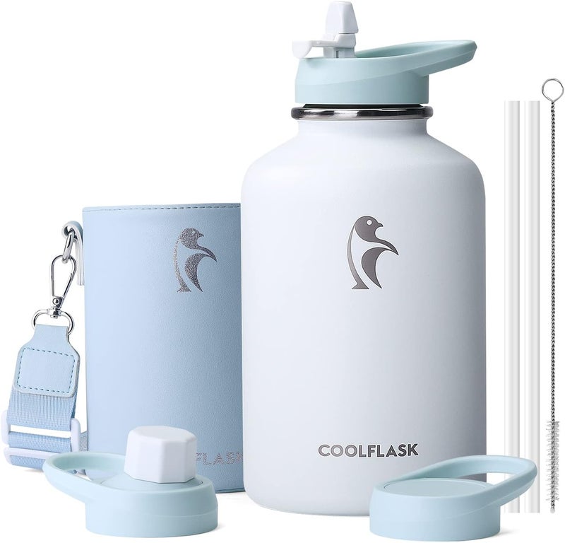 Coolflask 2L Stainless Steel Water Bottle with PU Leather Case, Insulated Water Bottles with Straw Lid, Half Gallon Metal Water Bottle, Keep Cold for 48 Hours Hot 24 Hours, Glacier White - Image 1