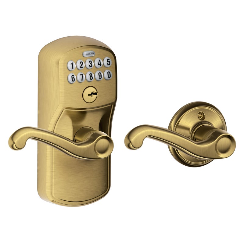 SCHLAGE FE575 PLY 609 FLA Plymouth Keypad Entry with Auto-Lock and Flair Levers, Antique Brass - Image 1