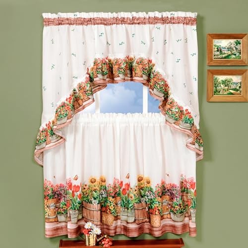 Achim Light Filtering Printed Tier & Swag Window Curtain Set - 36 Inch Length, 57 Inch Width - Country Garden - Machine Washable Polyester Drape for Kitchen, Living, & Dining Room by Achim Home Decor - Image 1