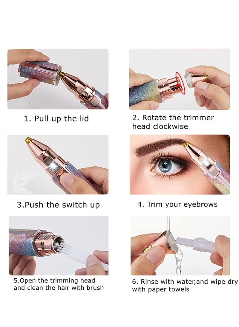 Eyebrow Trimmer Facial Hair Remover for Women, Rechargeable Body Face Hair Shaver Razor USB Electric Remover Nose Lips Armpit Bikini Painless Built-in LED Light Lady Gift (Rainbow 1 Pack 2 Heads)