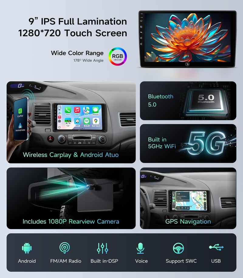 AINAVIGO 9" Car Stereo Radio for Honda Civic 2006 2007 2008 2009 2010 2011 - Wireless CarPlay Android Auto | 5G WiFi GPS Navigation | IPS HD Touchscreen | Bluetooth/FM/SWC | 1080P Backup Camera - Image 4