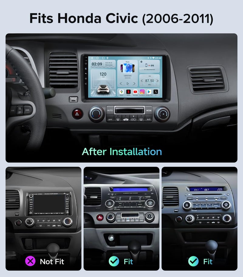 AINAVIGO 9" Car Stereo Radio for Honda Civic 2006 2007 2008 2009 2010 2011 - Wireless CarPlay Android Auto | 5G WiFi GPS Navigation | IPS HD Touchscreen | Bluetooth/FM/SWC | 1080P Backup Camera - Image 2