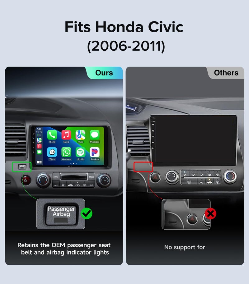 AINAVIGO 9" Car Stereo Radio for Honda Civic 2006 2007 2008 2009 2010 2011 - Wireless CarPlay Android Auto | 5G WiFi GPS Navigation | IPS HD Touchscreen | Bluetooth/FM/SWC | 1080P Backup Camera - Image 3