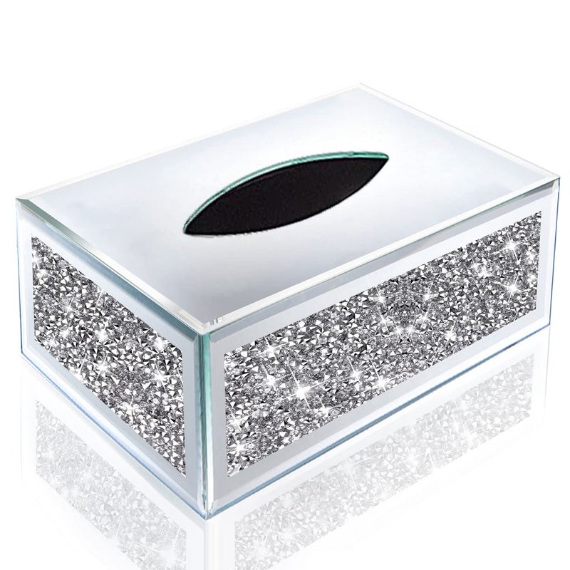 Wocred Rectangular Mirrored Tissue Box CoverCrystal Crushed Diamond Tissue BoxSilver Luxury Tissue Holders for Either Tissues in a Bathroom or Napkins on a Table10x57x4