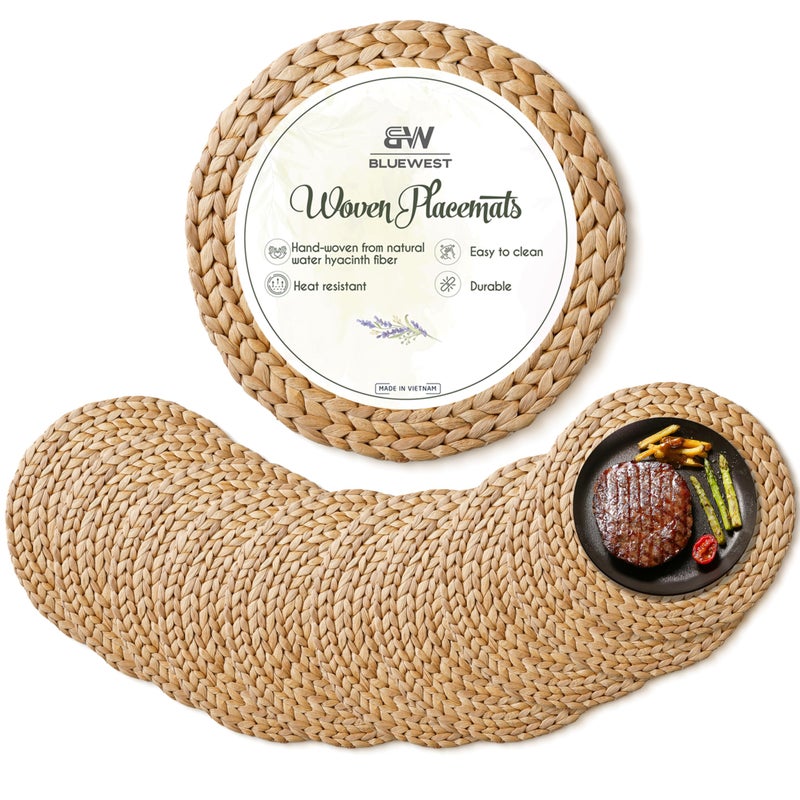 BLUEWEST Woven Placemats Set of 10 Round Rattan Wicker Water Hyacinth Braided Placemats Heat ResistantAntiSlip 12 Set 10