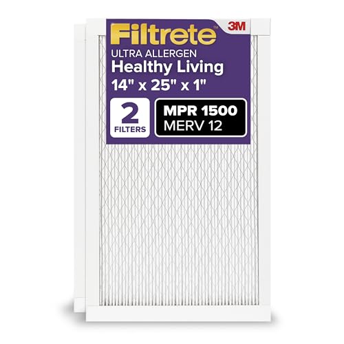 Filtrete 14x25x1 AC Furnace Air Filter MERV 12 MPR 1500 CERTIFIED asthma allergy friendly 3 Month Pleated 1Inch Electrostatic Air Cleaning Filter 2Pack Actual Size 1381x2481x078 in