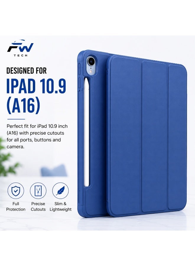 غطاء حماية لجهاز iPad مقاس 10.9 بوصة (A16)، غطاء نحيف بقلم مدمج، وضع السكون/التشغيل التلقائي، حامل ثلاثي الطيات، مقاوم للصدمات، باللون الأزرق - Image 1
