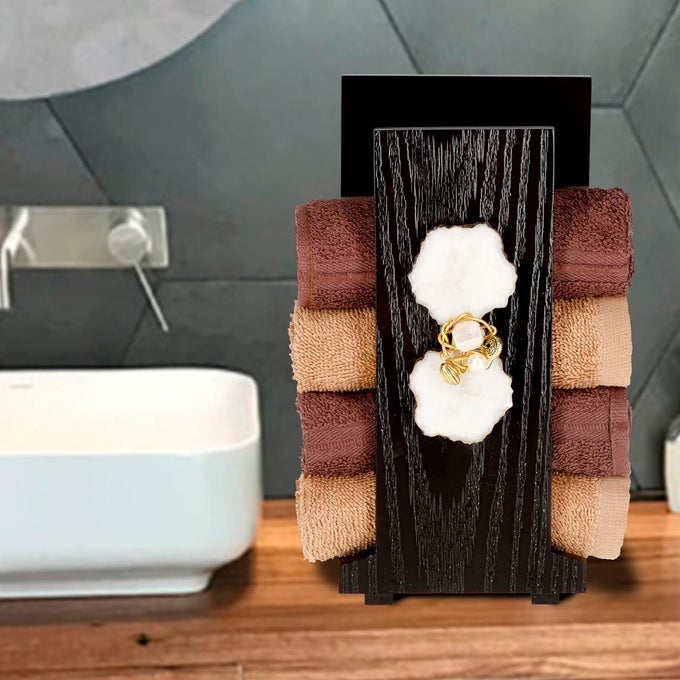 HANDCRAFTED WOODEN HAND TOWEL HOLDER| TOWEL STAND FOR BATHROOM| NAPKIN HOLDER FOR WASHBASIN| TOWEL STAND| GUESTS TOWEL ORGANIZER RACK| BATHROOM ACCESSORIES |TOWEL RACK BROWN (M AGATE)