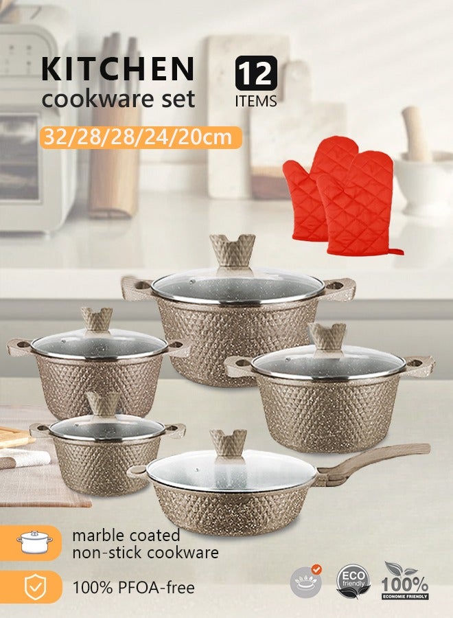HK طقم أواني طهي رخامية مكون من 12 قطعة من الأواني والمقالي المصنوعة من الألومنيوم بسطح غير لاصق وأغطية زجاجية خالية من حمض بيرفلورو الأوكتانويك (PFOA) باللون الذهبي 20-24-28-32 سم (قدر عميق) + 28 سم (مقلاة عميقة) + زوج من القفازات - Image 1