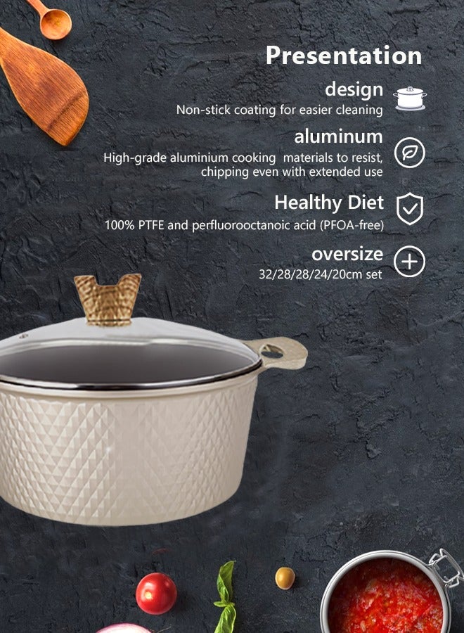 HK طقم أواني طهي رخامية مكون من 12 قطعة من الأواني والمقالي المصنوعة من الألومنيوم بسطح غير لاصق وأغطية زجاجية خالية من حمض بيرفلورو الأوكتانويك (PFOA) باللون الذهبي 20-24-28-32 سم (قدر عميق) + 28 سم (مقلاة عميقة) + زوج من القفازات - Image 2