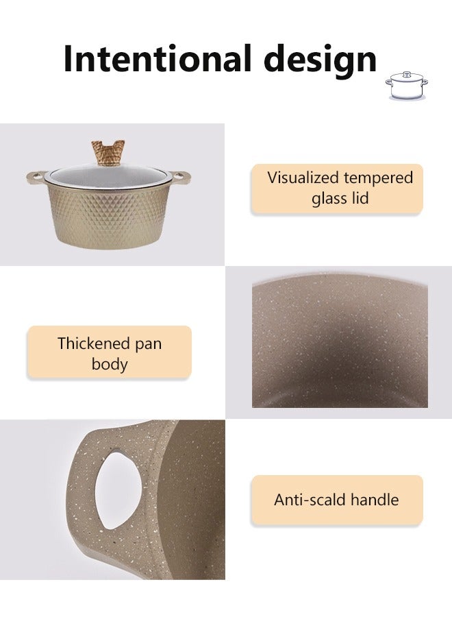 HK طقم أواني طهي رخامية مكون من 12 قطعة من الأواني والمقالي المصنوعة من الألومنيوم بسطح غير لاصق وأغطية زجاجية خالية من حمض بيرفلورو الأوكتانويك (PFOA) باللون الذهبي 20-24-28-32 سم (قدر عميق) + 28 سم (مقلاة عميقة) + زوج من القفازات - Image 5