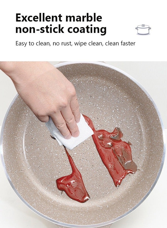 HK طقم أواني طهي رخامية مكون من 12 قطعة من الأواني والمقالي المصنوعة من الألومنيوم بسطح غير لاصق وأغطية زجاجية خالية من حمض بيرفلورو الأوكتانويك (PFOA) باللون الذهبي 20-24-28-32 سم (قدر عميق) + 28 سم (مقلاة عميقة) + زوج من القفازات - Image 4