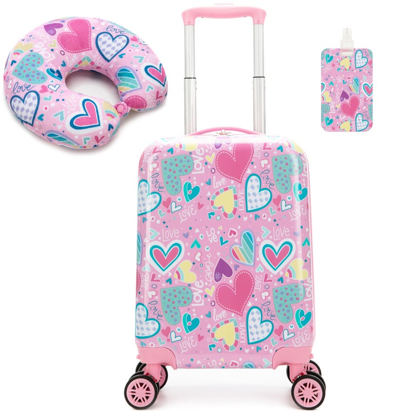 Esteemly Kid's Luggage Set 16inch 2 Piece Suitcase Set Hardside Luggage with Spinner Wheels Girls Carry on Toddler Travel Rolling Suitcase with Neck Pillow Airline Approved - Image 1
