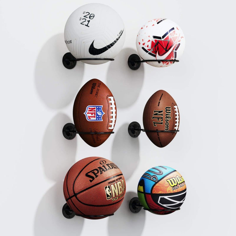 S SUCHEK Basketball Holder Wall Mount, Ball Holder Wall Mount, Ball Display Wall Storage for Basketball, Soccer Ball, Volleyball, Football, Rugby(4 Pieces, Black) - Image 1
