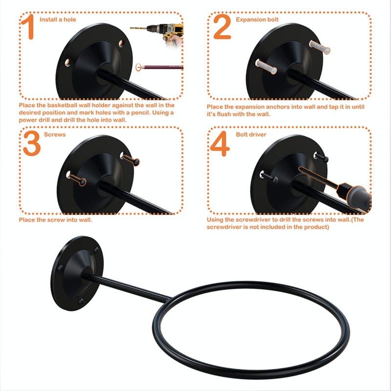 S SUCHEK Basketball Holder Wall Mount, Ball Holder Wall Mount, Ball Display Wall Storage for Basketball, Soccer Ball, Volleyball, Football, Rugby(4 Pieces, Black) - Image 4