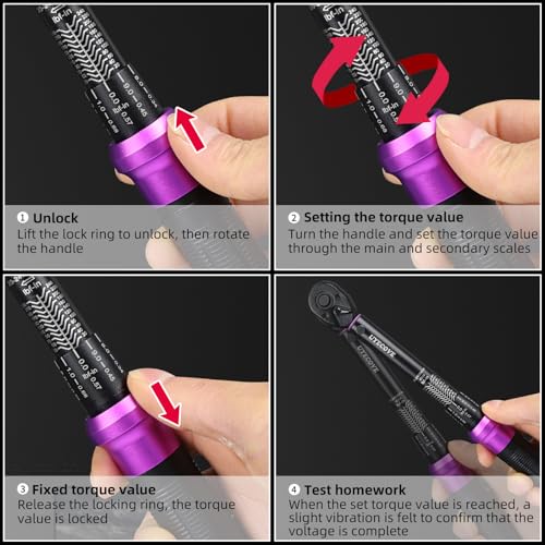 UYECOVE 1/4" Inch Drive Click Torque Wrench 20-240 FT-LB/2.3-27.1N.M, ±3% Accuracy, Dual-Direction Click Professional Torque Wrench, Dual Range Scales Graduated in FT.LB and N.M, Purple - Image 5