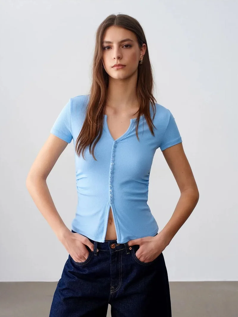 ديلفين DILVIN Slim Fit V-Neck Button Blouse